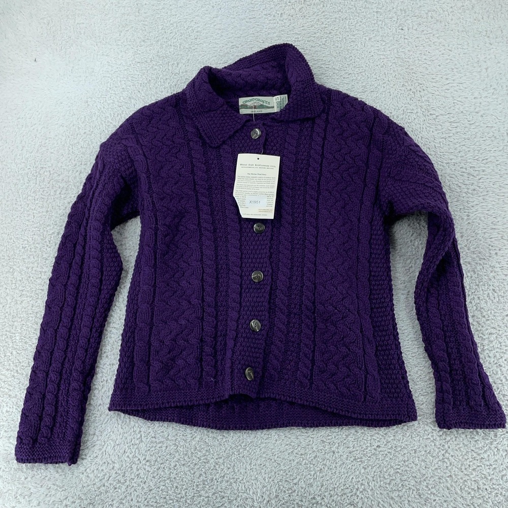 Aran Crafts Cardigan Womens Small Purple Merino Wool Cable Knit Button Ireland